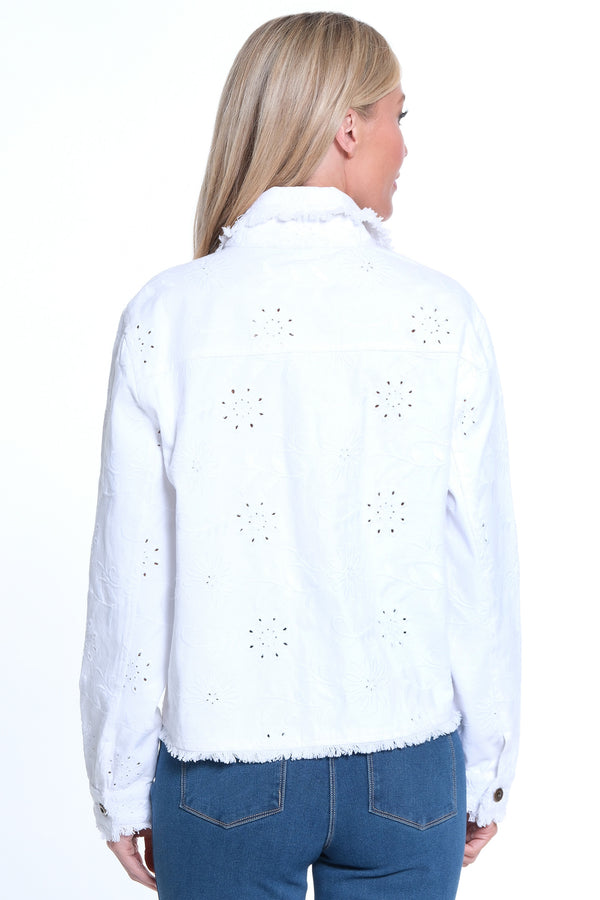Embroidered Button Front Jacket- White