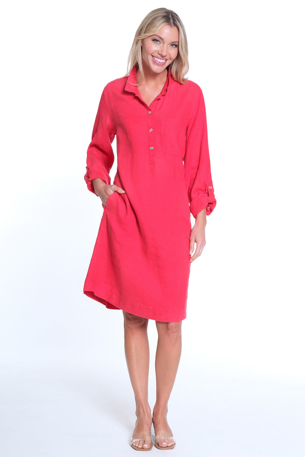 Pull On Button Up Dress- Red