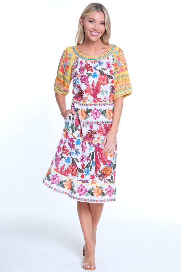 Embroidered Knee Length Dress- Floral Multi