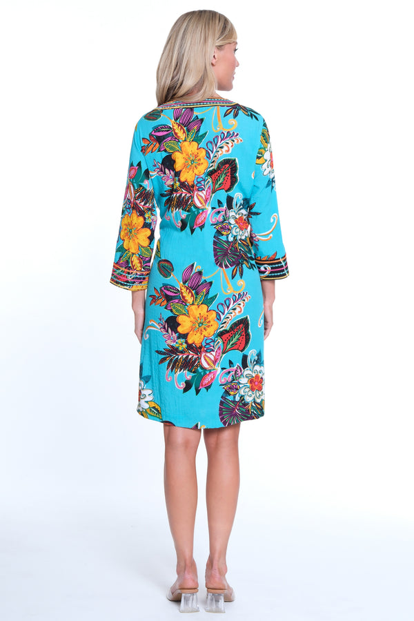 Embroidered Tunic Knee Length Dress- Turquoise