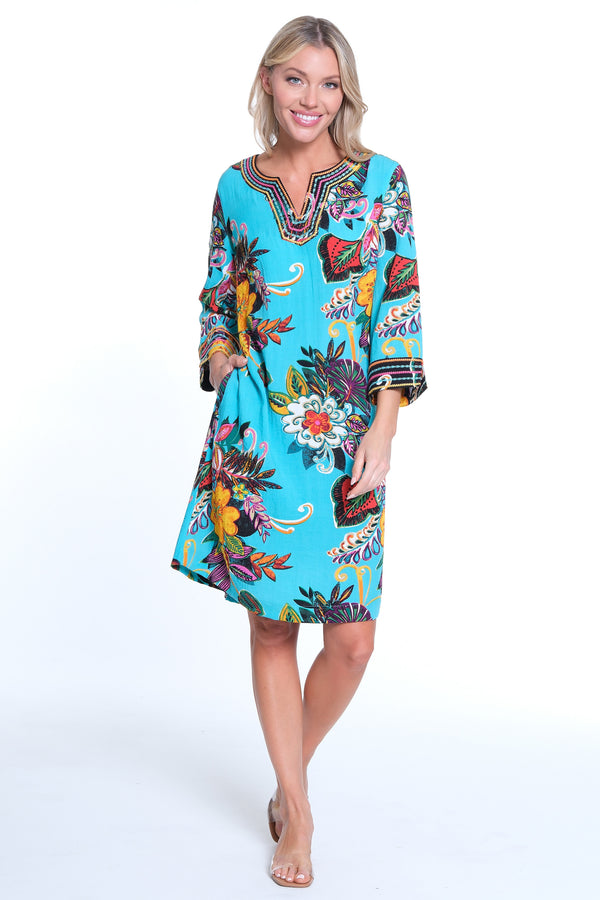 Embroidered Tunic Knee Length Dress- Turquoise