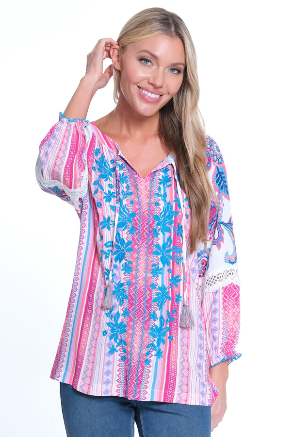 Embroidered Tie Front Tunic - Multi