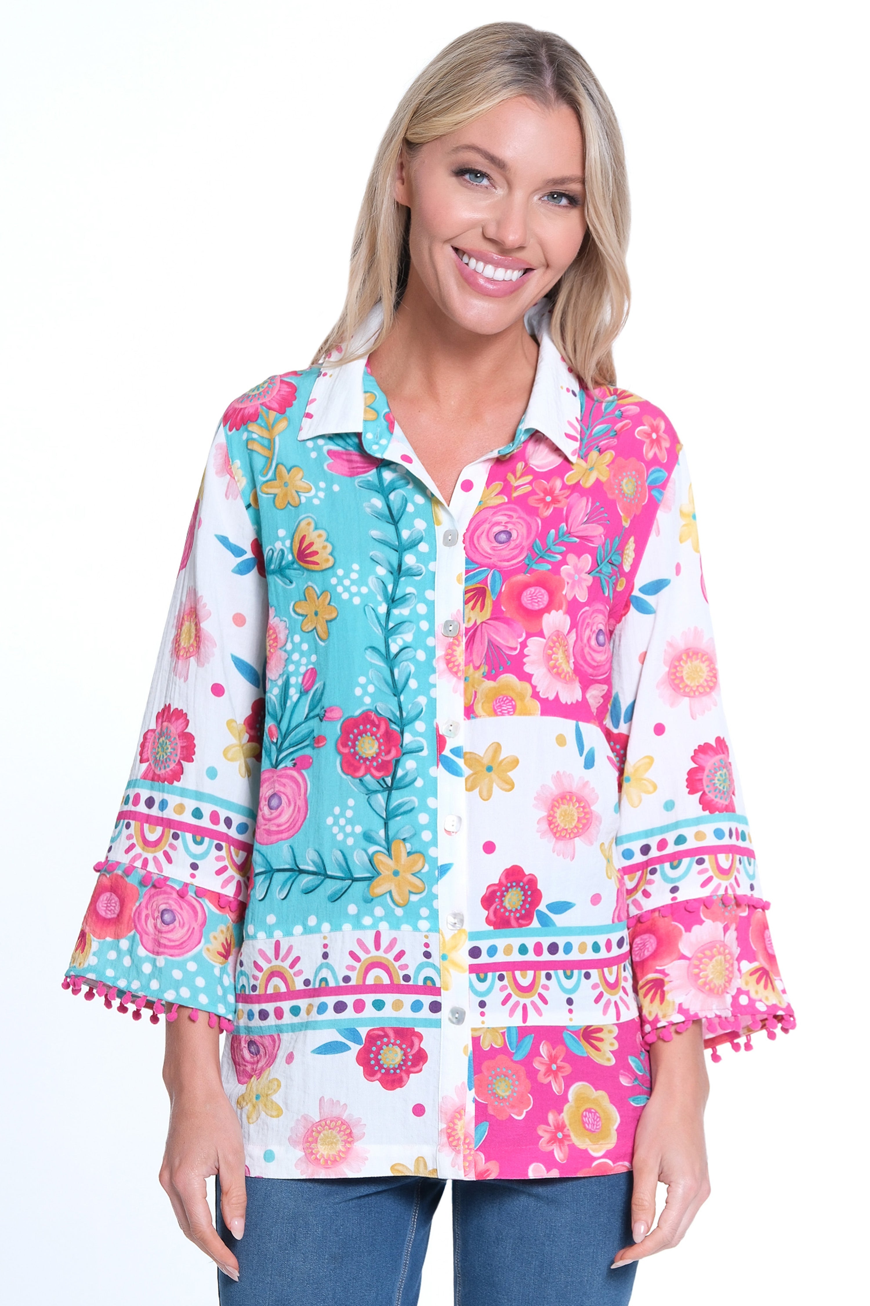 Tunic with Pom Pom Trim - Women's - Floral Multi – JohnMarkClothing.com