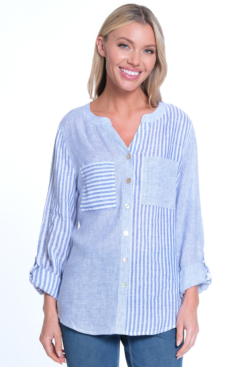 Stripe Button Front Tunic - Petite - Blue Stripe