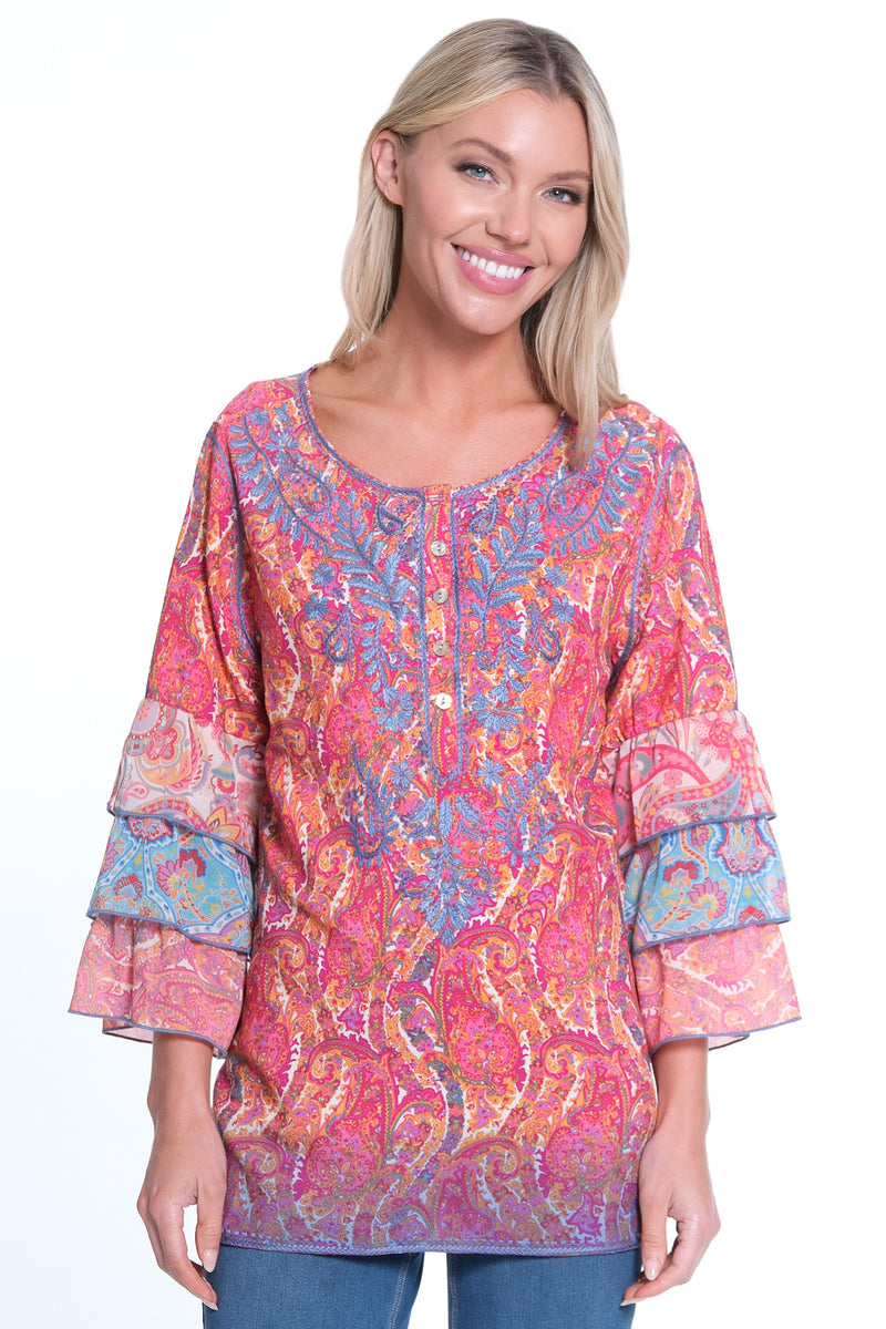 Mixed Print Ruffle Sleeve Top - Multi