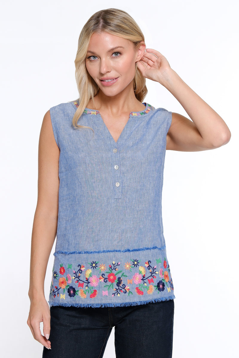 Embroidered Hem Sleeveless Tunic - Chambray