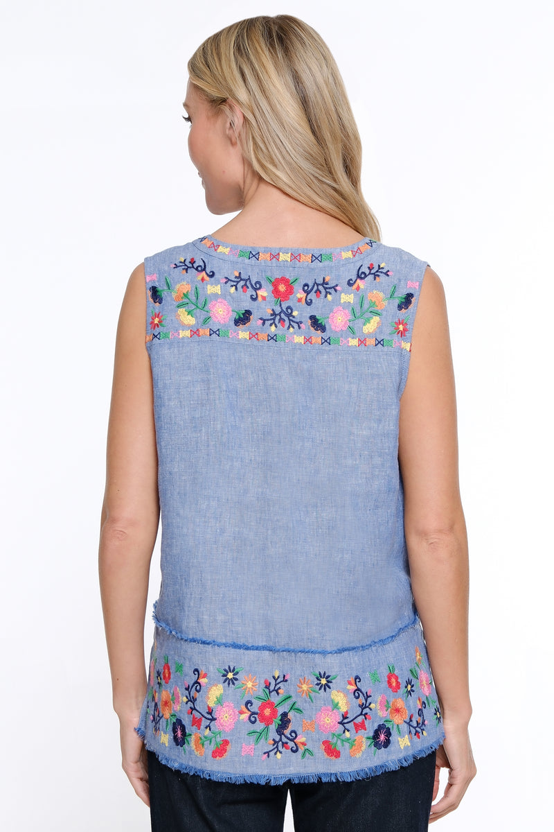 Embroidered Hem Sleeveless Tunic - Chambray