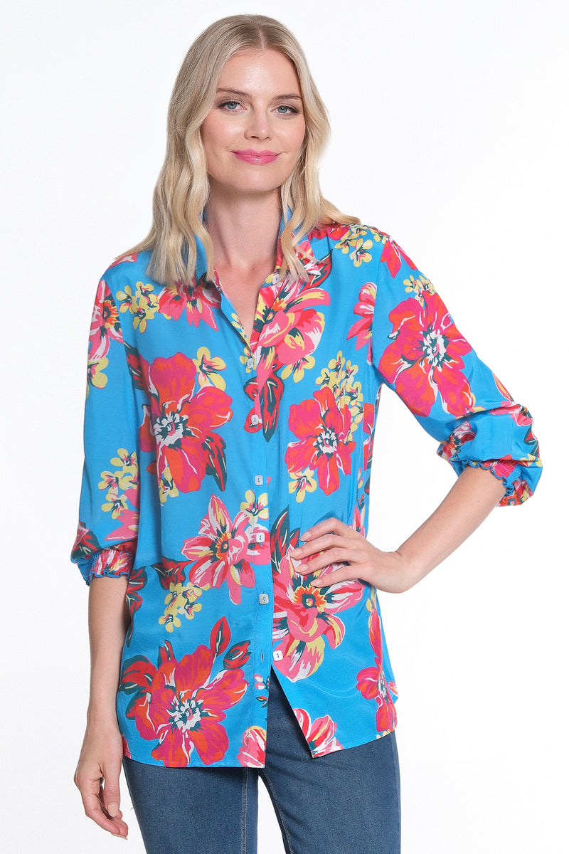 Floral Print Button Front Blouse - Floral Multi