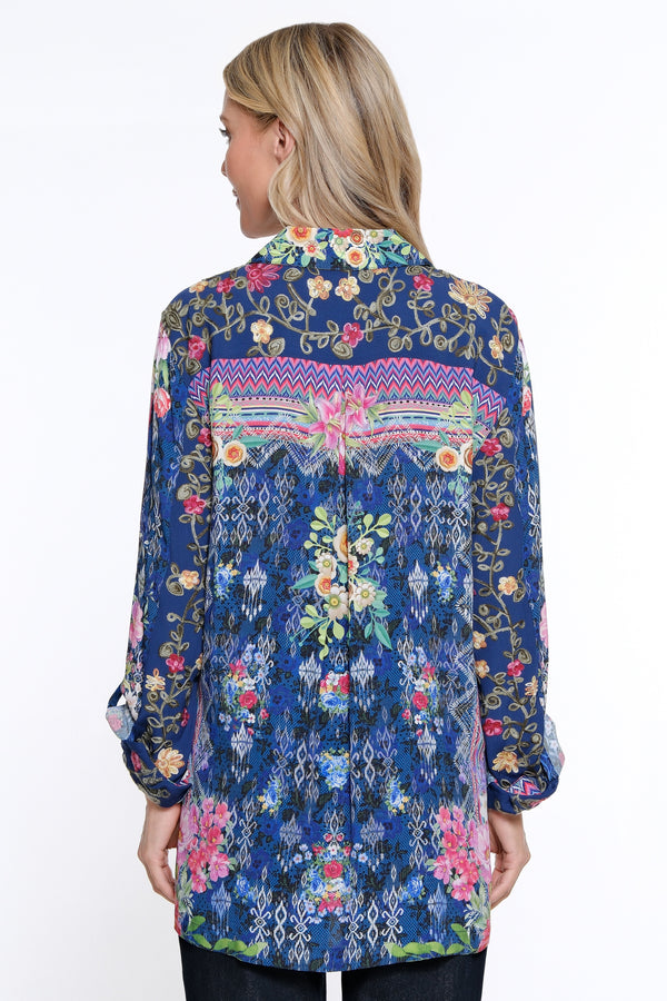 Embroidered Mix Print Top - Women's - Navy
