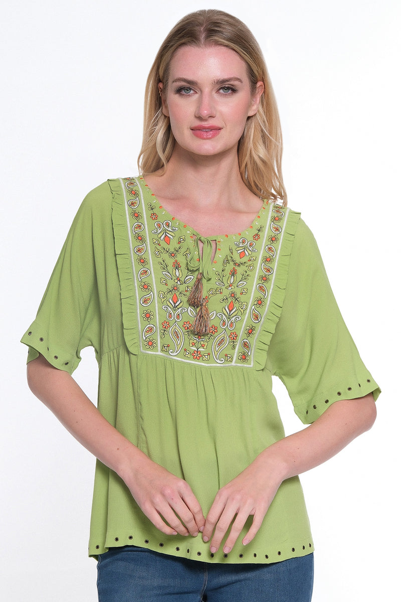 Embroidered Short Sleeve Tunic - Lime