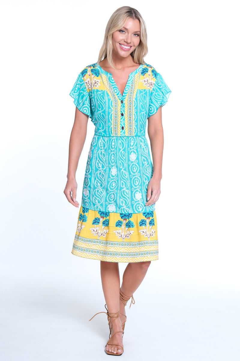 Mix Print Button Up Dress - Green Aqua