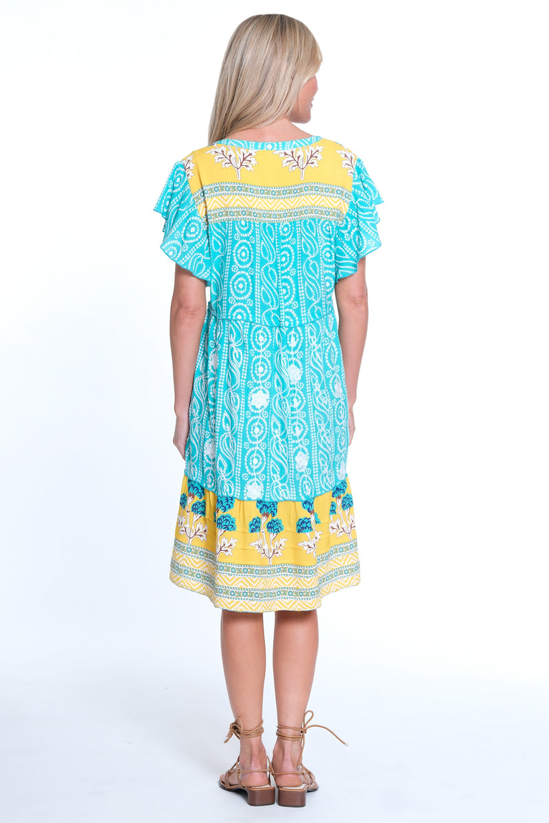 Mix Print Button Up Dress - Green Aqua