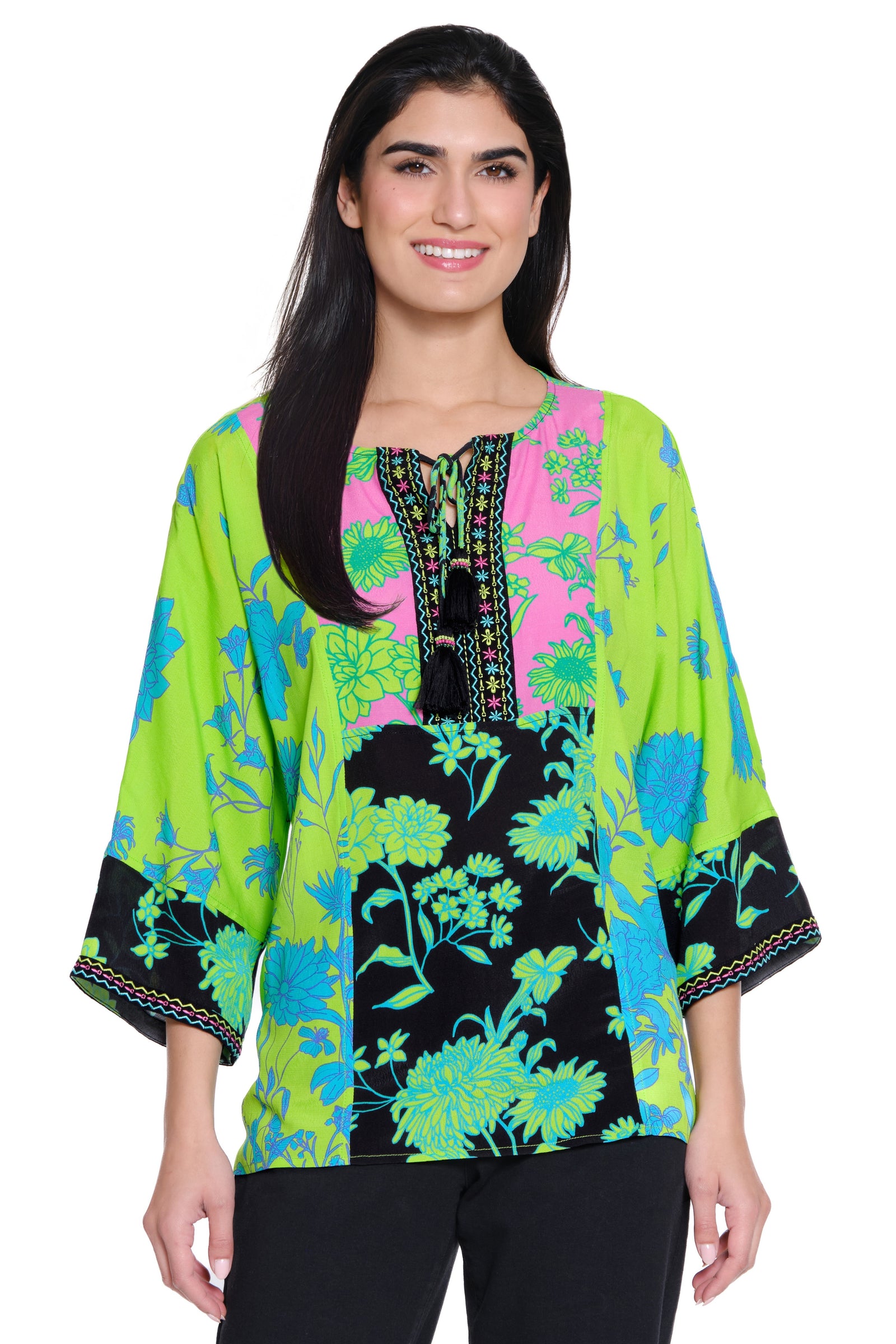 Embroidered Tassel Tie Tunic - Women's - Green Print