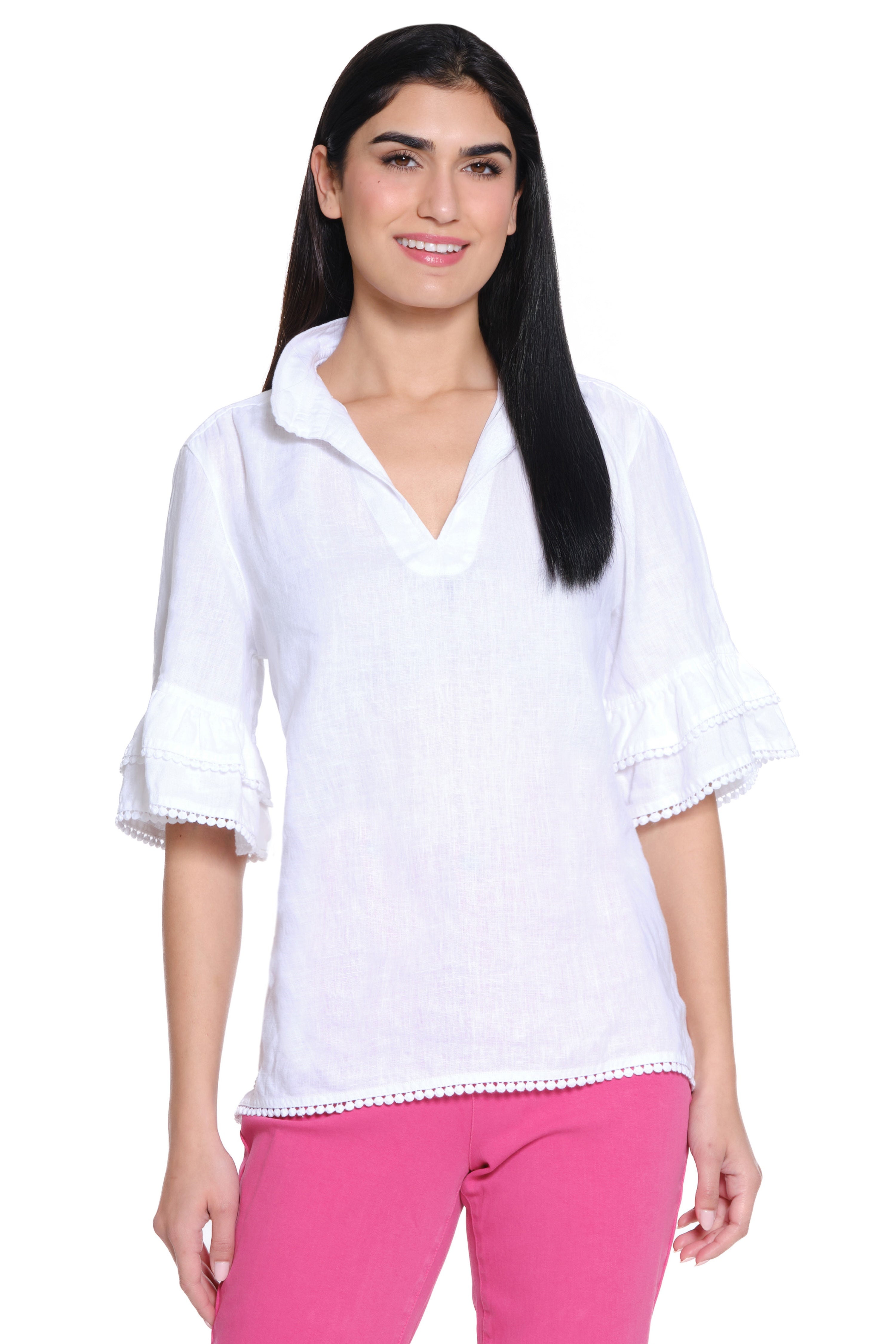 Flounce Sleeve Linen Top - White