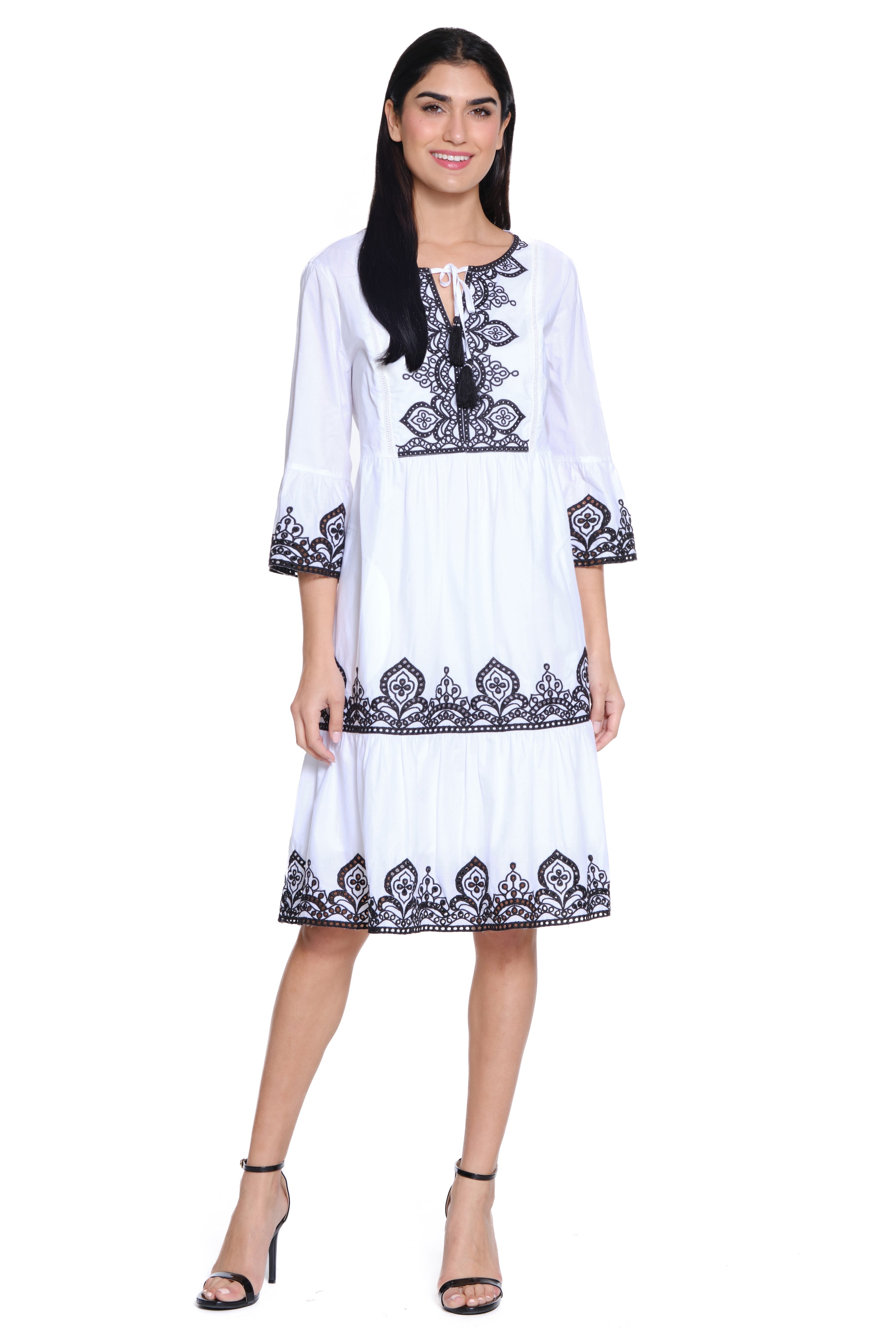 Embroidered Tiered Dress - White