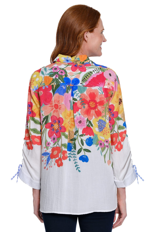 Printed Button-Up Top with Patch Pocket - Floral Multi