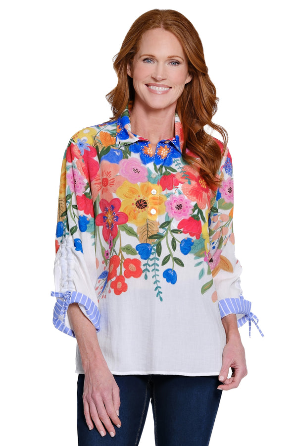 Printed Button-Up Top with Patch Pocket - Petite - Floral Multi