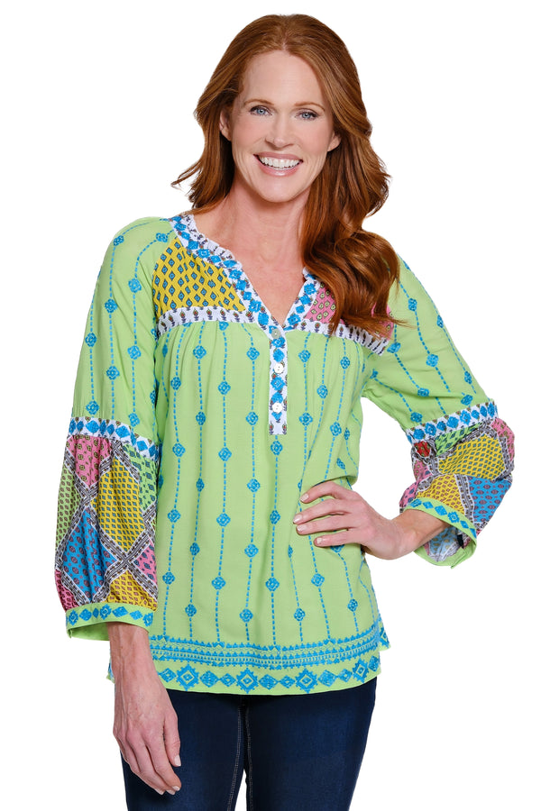 Embroidered Mixed Print V-Neck Tunic - Plus - Soft Lime