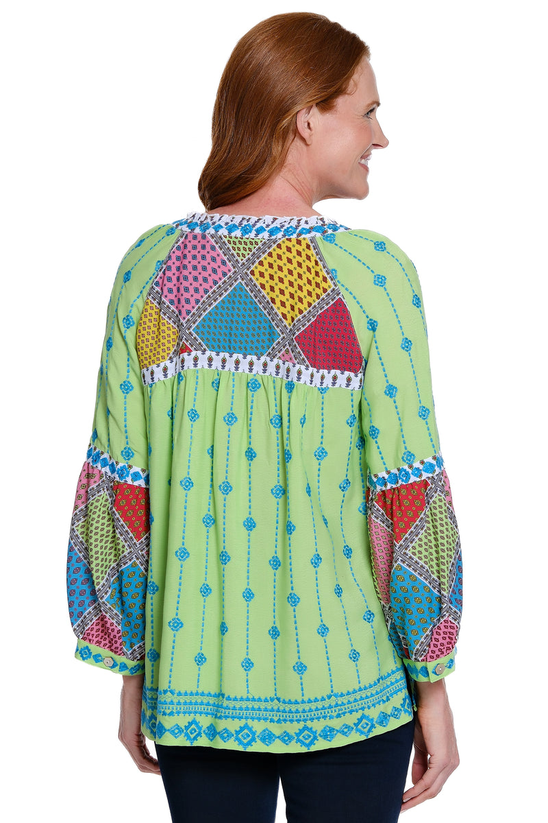 Embroidered Mixed Print V-Neck Tunic - Soft Lime