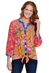 Floral Button-Down Tie-Front Top - Petite - Orange Print