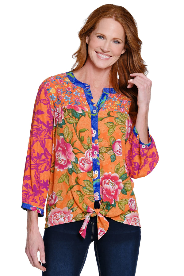 Floral Button-Down Tie-Front Top - Petite - Orange Print