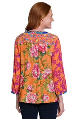 Floral Button-Down Tie-Front Top - Petite - Orange Print