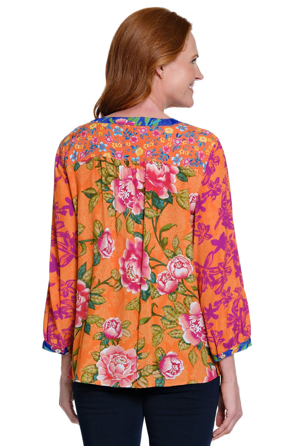 Floral Button-Down Tie-Front Top - Petite - Orange Print