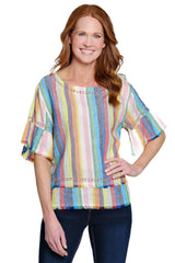 Embroidered Stripe Top with Flounce Sleeves - Petite - Stripe Multi