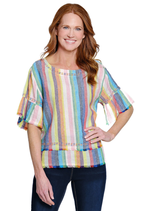 Embroidered Stripe Top with Flounce Sleeves - Petite - Stripe Multi