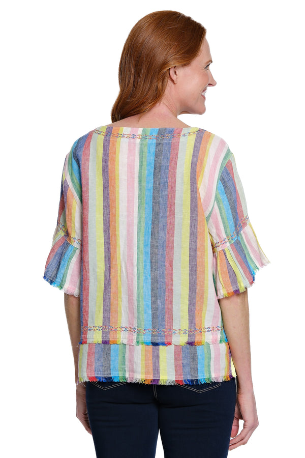 Embroidered Stripe Top with Flounce Sleeves - Stripe Multi