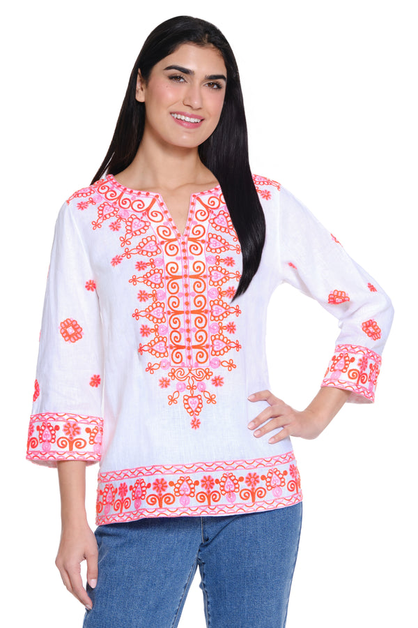 Embroidered Linen Tunic with Split Neck - Plus - White