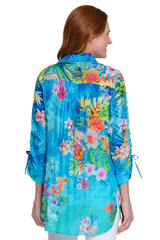 Print Button-Front Top with Cinch Tie Sleeves - Plus - Turquoise Print