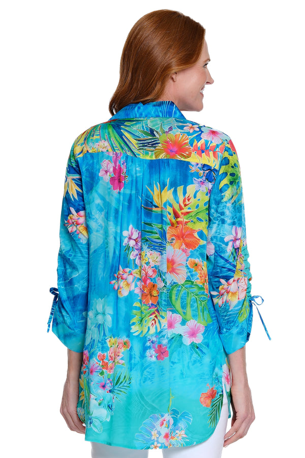 Print Button-Front Top with Cinch Tie Sleeves - Turquoise Print