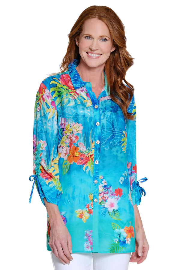 Print Button-Front Top with Cinch Tie Sleeves - Turquoise Print
