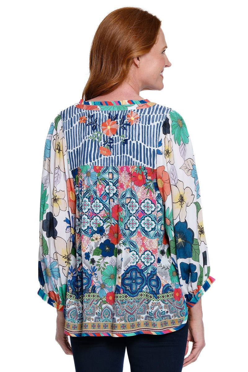Mixed Print V-Neck Tunic with Embroidery - Floral Multi