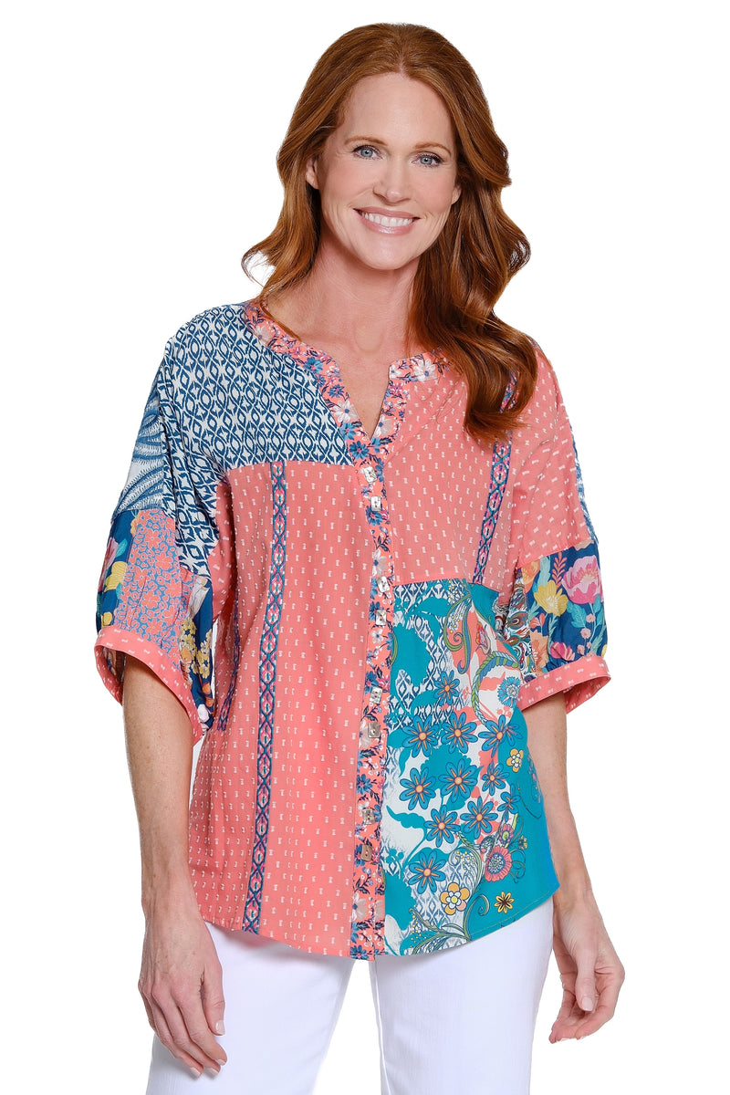 Embroidered Mixed Print Top - Multi