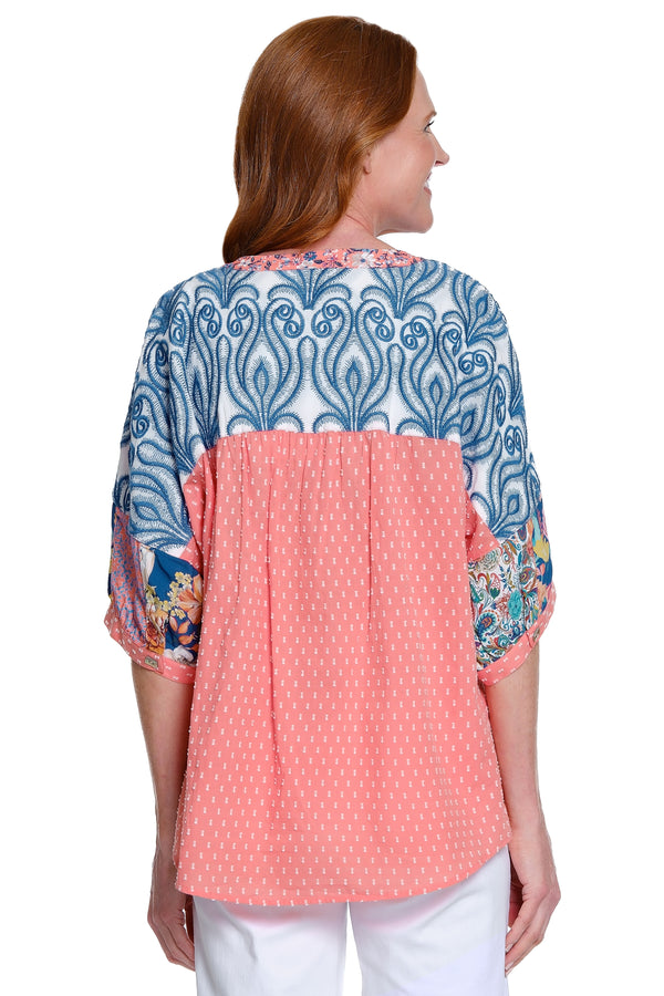 Embroidered Mixed Print Top - Multi