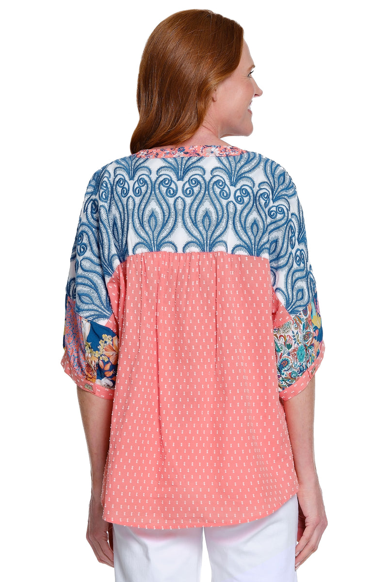Embroidered Mixed Print Top - Multi