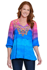Tie-Dye Embroidered V-Neck Top - Plus - Tie Dye Multi