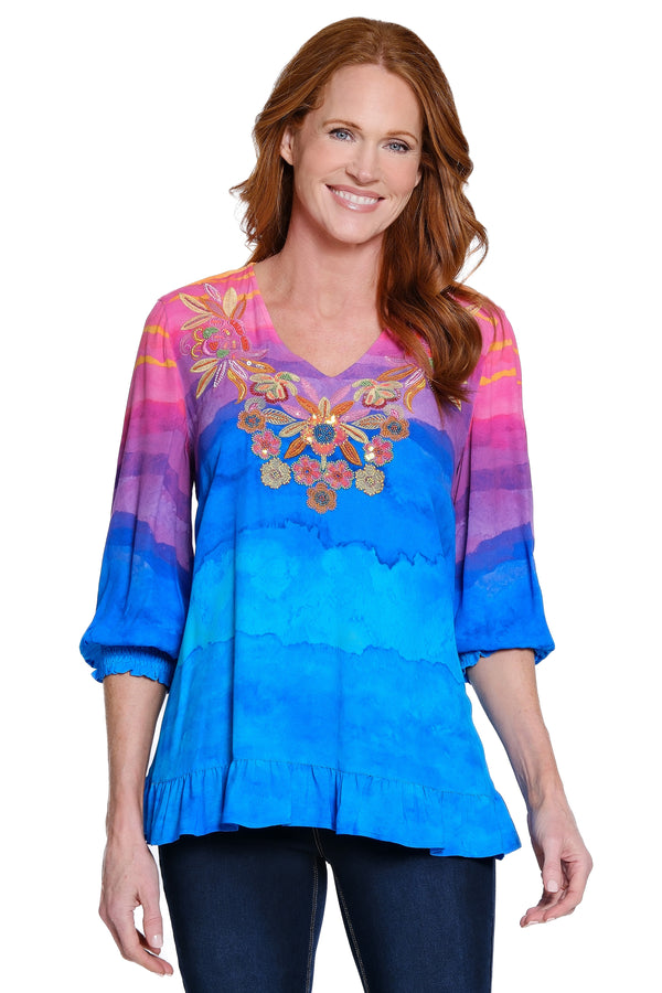 Tie-Dye Embroidered V-Neck Top - Tie Dye Multi