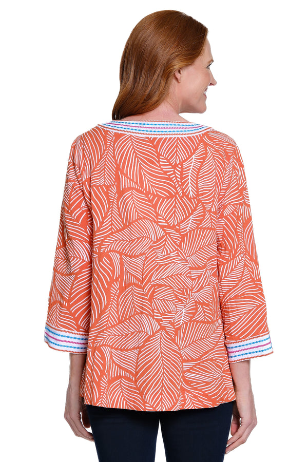 Split Neck Pull-On Top with Embroidered Trim - Leaf Print