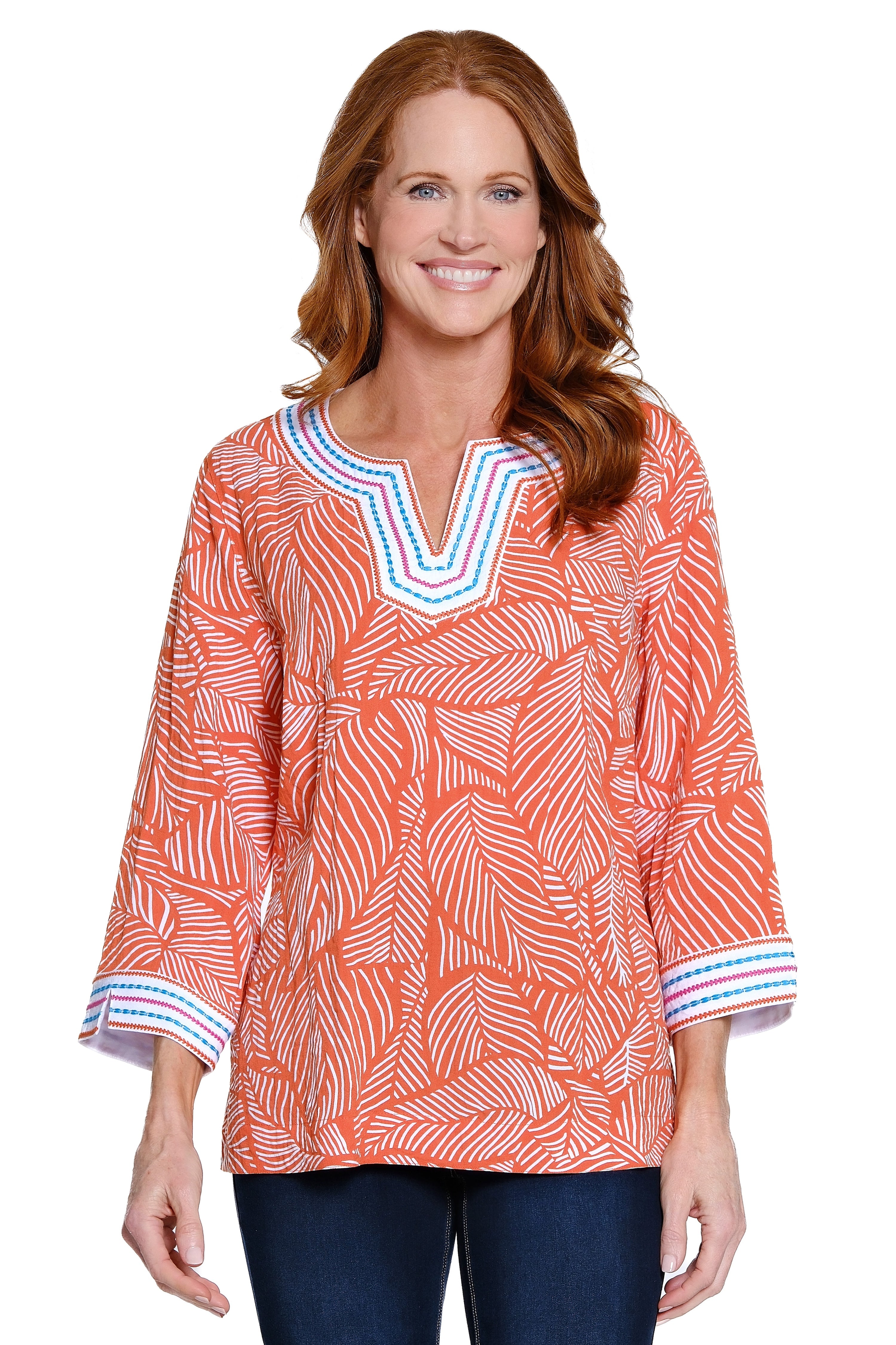 Split Neck Pull-On Top with Embroidered Trim - Leaf Print