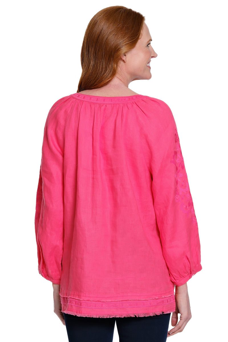Embroidered Split Neck Linen Tunic - Plus - Melon Red