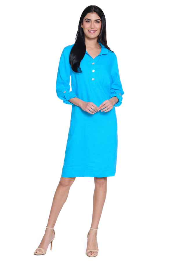 Linen Pull-On Dress with Front Pocket - Ocean Blue