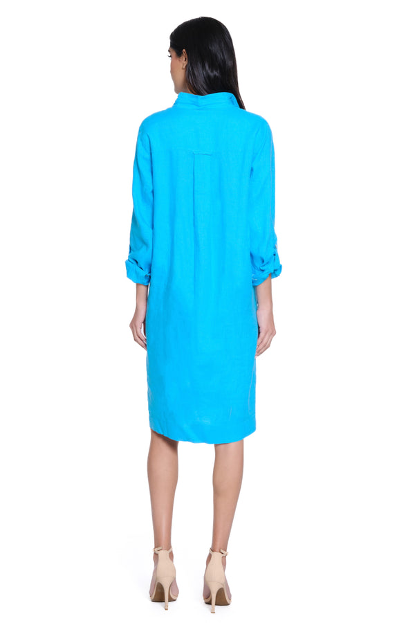 Linen Pull-On Dress with Front Pocket - Ocean Blue