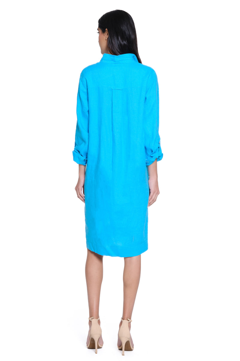 Linen Pull-On Dress with Front Pocket - Ocean Blue
