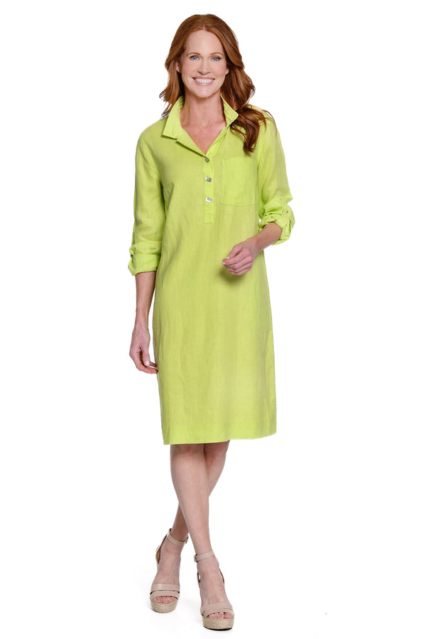 Linen Pull-On Dress with Front Pocket - Soft Lime