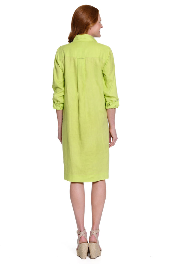 Linen Pull-On Dress with Front Pocket - Soft Lime