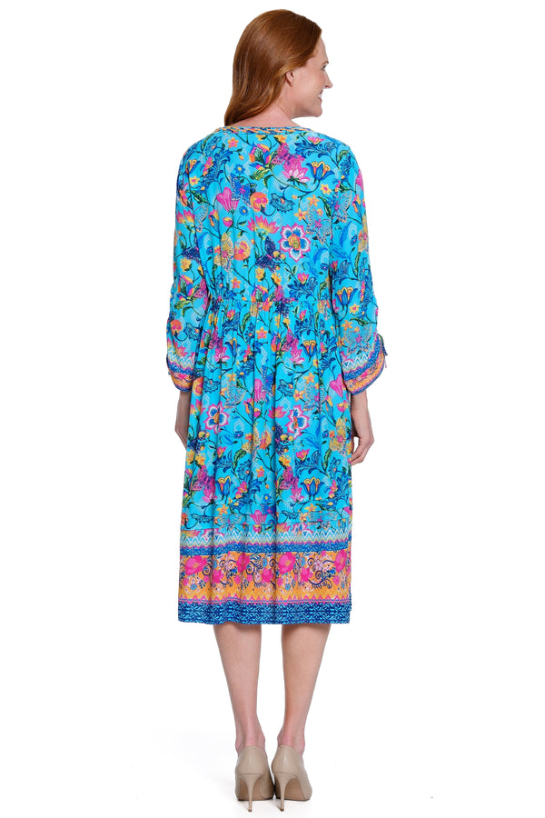 Mixed Print Embroidered Pull-On Dress - Ocean Blue