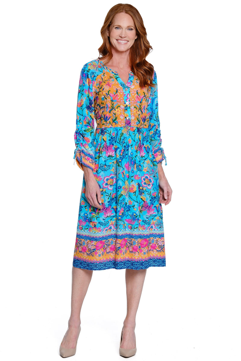 Mixed Print Embroidered Pull-On Dress - Ocean Blue